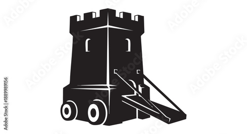 A medieval castle on wheels is depicted in a simple illustration with bold lines and a dramatic drawbridge.