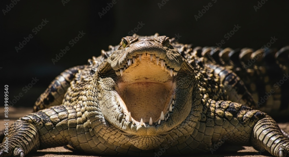 Fototapeta premium Alligator with jaws wide open, teeth showing, close-up shot, harsh lighting
