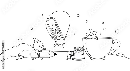 Vector illustration set featuring a hand drawn sketch of a woman enjoying a cartoon cup of coffee with a heart symbol design