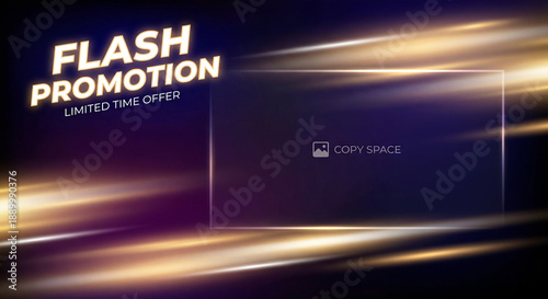 Flash promotion banner with glowing light streaks on dark background, advertising limited time offer from unique perspective