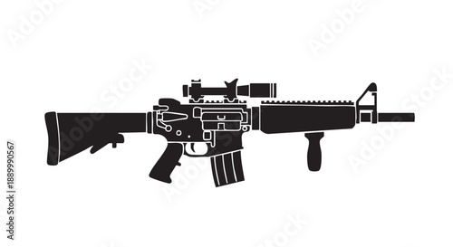 Detailed illustration of a rifle with scope viewed from the side in a tactical setting