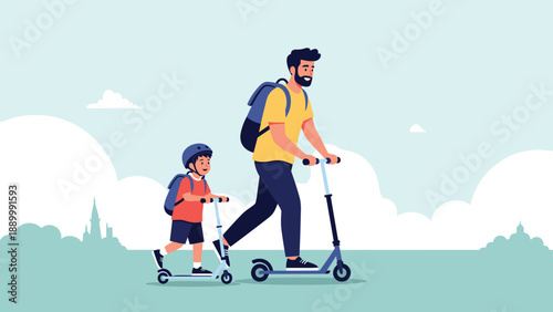 Father and young son riding electric scooters together on a city path during a bright and sunny summer day.