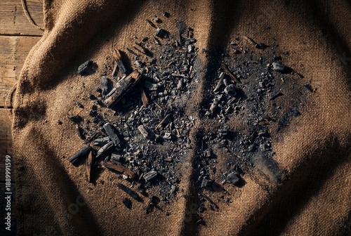 Scattered pile of black ash and burnt wood charcoal pieces on a rustic brown burlap sackcloth surface