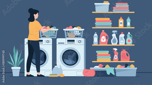 Woman sorting and folding laundry in a modern laundry room with two washing machines and well organized shelves.
