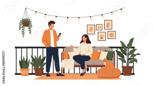 Relaxing evening scene shows a couple chatting on a balcony decorated with string lights, comfortable furniture, and several potted plants.