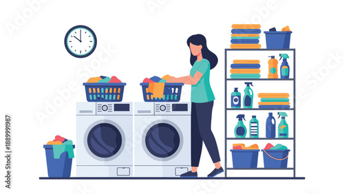 Organized woman manages household chores by sorting laundry into baskets near two modern front-loading washing machines and storage shelves.