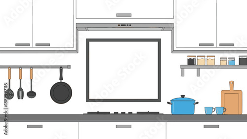 Functional kitchen interior features clean white cabinets, a stovetop, hanging cooking utensils, and various jars on a wooden countertop.