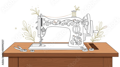 Antique sewing machine with intricate decorative patterns sits on a wooden desk surrounded by delicate floral line art and sewing tools.
