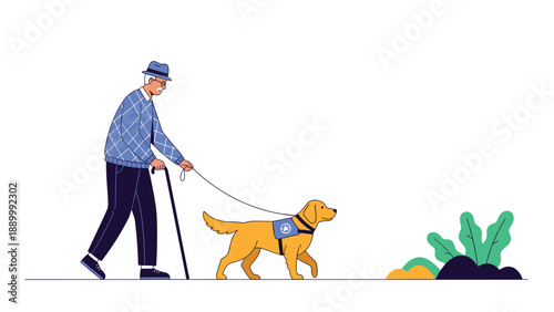 Elderly man walking with a cane is accompanied by his loyal golden retriever service dog wearing a blue vest on a clear white path.