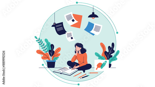 Young woman sits cross-legged on the floor studying from a book while several pages and document icons float around her in the air.