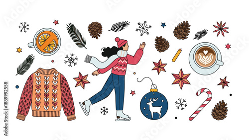 Winter lifestyle illustration features a girl ice skating surrounded by cozy items like a knitted sweater, hot coffee, and pine cones.