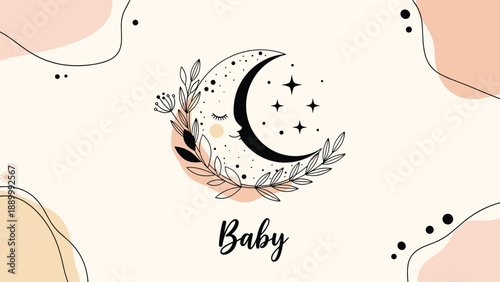 Gentle baby nursery illustration features a sleeping crescent moon with a face, stars, and leaves above the handwritten word baby.