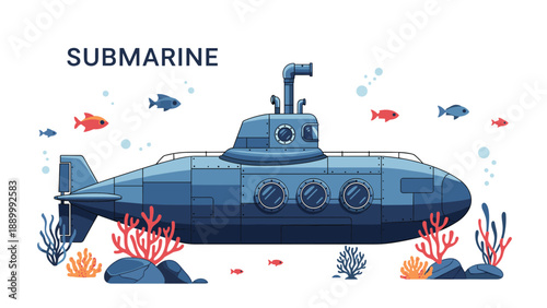 Classic blue submarine travels through the deep sea past colorful coral reefs and various small fish under the words submarine.