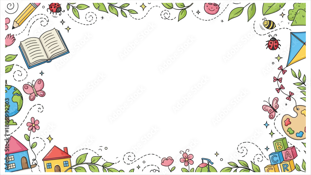 Obraz premium Vibrant educational border with cartoon illustrations for kids