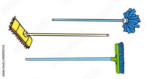 cleaning tools set, different mops and broom. Cartoon Hand drawn doodle style illustration isolated on white. For cleaning service, housekeeping, hygiene concepts.
