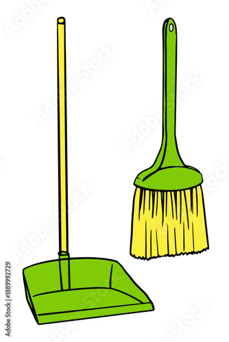 broom, broomstick, and long-handled dustpan. Colorful hand drawn cartoon doodle illustration for cleaning service, housekeeping concepts, or janitorial supplies design.