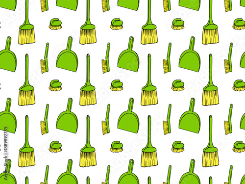 Seamless pattern of cleaning tools: brushes, whisk brooms, and dustpans. A colorful hand drawn doodle background. For housekeeping themes, wrapping paper, or textile prints.