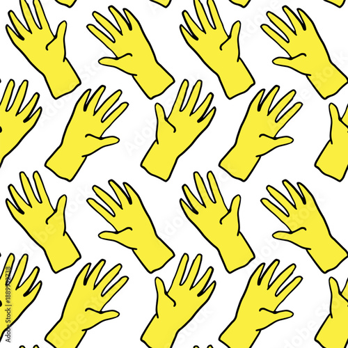 Seamless pattern of yellow rubber gloves. hand drawn doodle background for cleaning or protection concepts for housekeeping themes, wrapping paper, or textile prints.