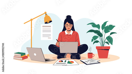 Young woman wearing glasses working from home on two laptops while sitting cross legged on the floor in a bright modern room.