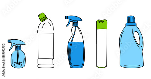 household detergents set and cleaning products in various plastic bottles. Spray, aerosol, and liquid cleaners. Cartoon doodle illustration. For cleaning service or hygiene concepts.