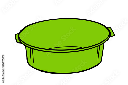 green plastic basin, washbowl, tub. versatile container for household chores like cleaning, washing, laundry. Colorful cartoon doodle style illustration, isolated on white.