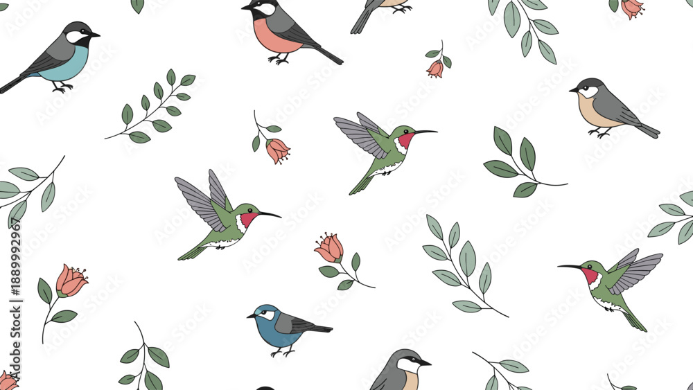 Fototapeta premium Seamless pattern design featuring various small birds hummingbirds flowers and green leaves scattered on a clean white background.