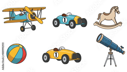 Collection of classic retro toys including a biplane race cars a rocking horse a beach ball and a telescope on a white background.