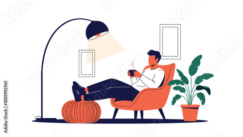 Man relaxing in a cozy armchair with a hot cup of tea or coffee under a stylish floor lamp in a minimalist living room setting.