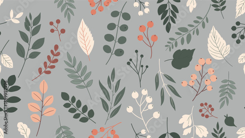 Beautiful autumn seamless pattern with various forest leaves and berries in warm red orange and green tones on a grey background.
