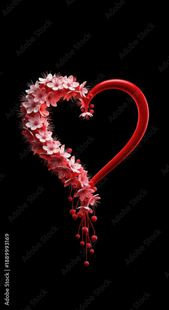 Fototapeta premium Romantic red heart adorned with delicate pink cherry blossoms and red berries