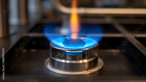 A close up of a gas stove burner igniting with a vibrant blue and orange flame