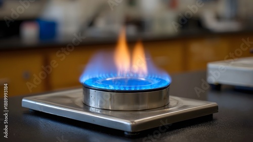 Close up of a laboratory gas burner with a bright blue and orange flame in a science setting
