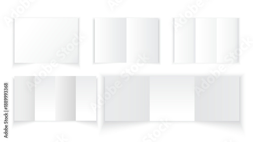 White A4 Accordion Fold Brochure Mockup Set with Bi-Fold, Tri-Fold and Four-Fold Layouts, Vertical and Horizontal Paper Booklet Presentation Template