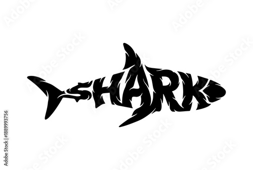 Creative shark typography silhouette - Vector illustration where the word "SHARK" is formed by the shape of a shark. For logos, t-shirt prints, tattoo stencils, marine life posters, stickers, labels.