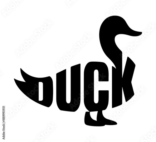 Creative Duck Calligraphic Logo. The word "Duck" shaped as a bird silhouette. Duck Doodle Design for Farm Logos or T-shirt Prints.