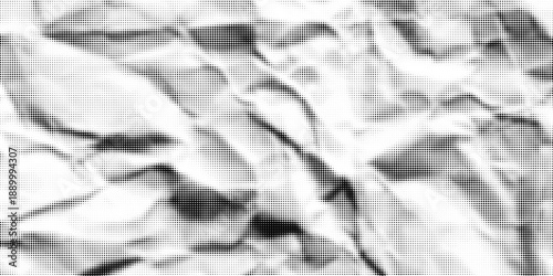 Halftone crumpled paper texture with wite a dotted, rough, and wrinkled surface. Black creased sheet background in comic pop-art style, featuring grainy folds and gritty distressed details.