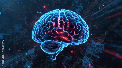 Neon brain illustration glowing blue with pink neural sparks and neuron cortex cerebellum synapse