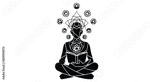 Meditating woman with chakras and aura symbols