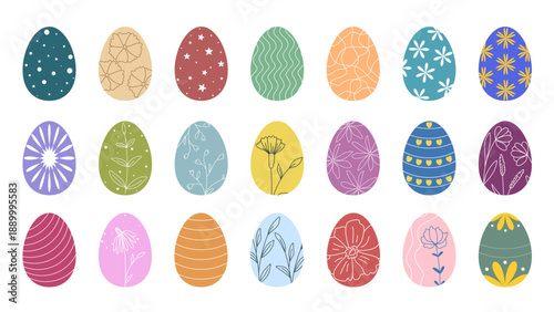 Collection of Easter eggs. Festive colorful eggs with patterns of flowers, twigs, herbs, stars, lines and dots. Set of ellipses with various decorations, clip art, vector graphics