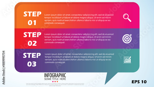3-Step Business Infographic Template. Vector Speech Bubble Design with Colorful Horizontal Banners and Strategic Success Icons
