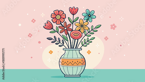 Cartoon flower vase with bold outlines in pastel colors on a soft background, perfect for playful design and children's themes.