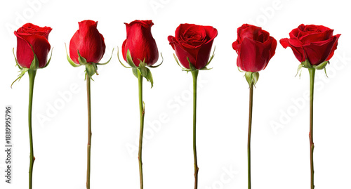 Six red rose buds isolated on transparent background showing various forms
