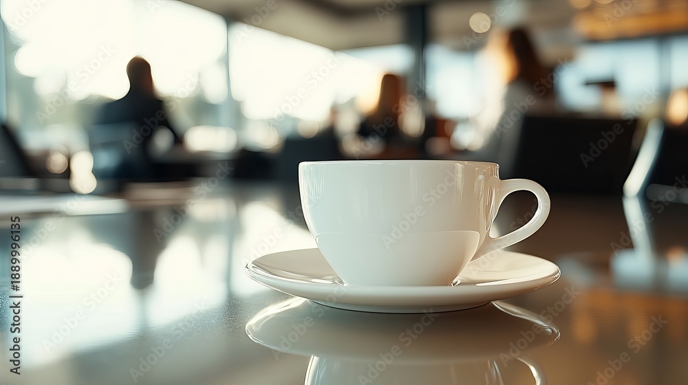 Fototapeta premium A white coffee cup and saucer on a table in a modern cafe with people in the background