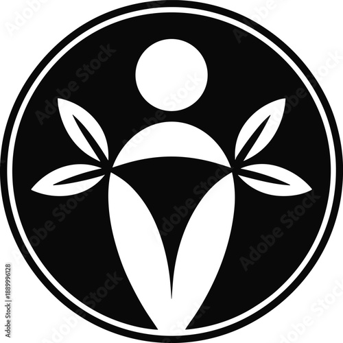 Abstract circular featuring a stylized human figure with leaf-like appendages in white on a black background representing growth and well-being