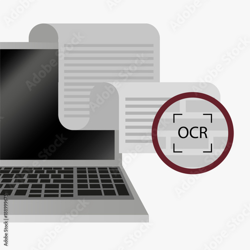 Laptop document scan. Optical recognition vector. Ocr text symbol. Digital file processing.