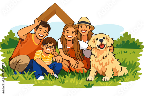 A family of four building a wooden birdhouse together in their backyard.