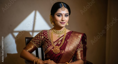 Radiant Indian Bride in Maroon Saree, Exquisite Gold Jewelry