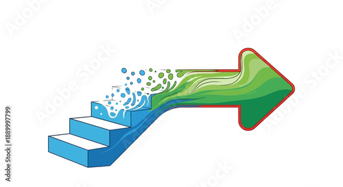 A flowing green arrow emerges from blue steps with water splashes, representing progress and transformation
