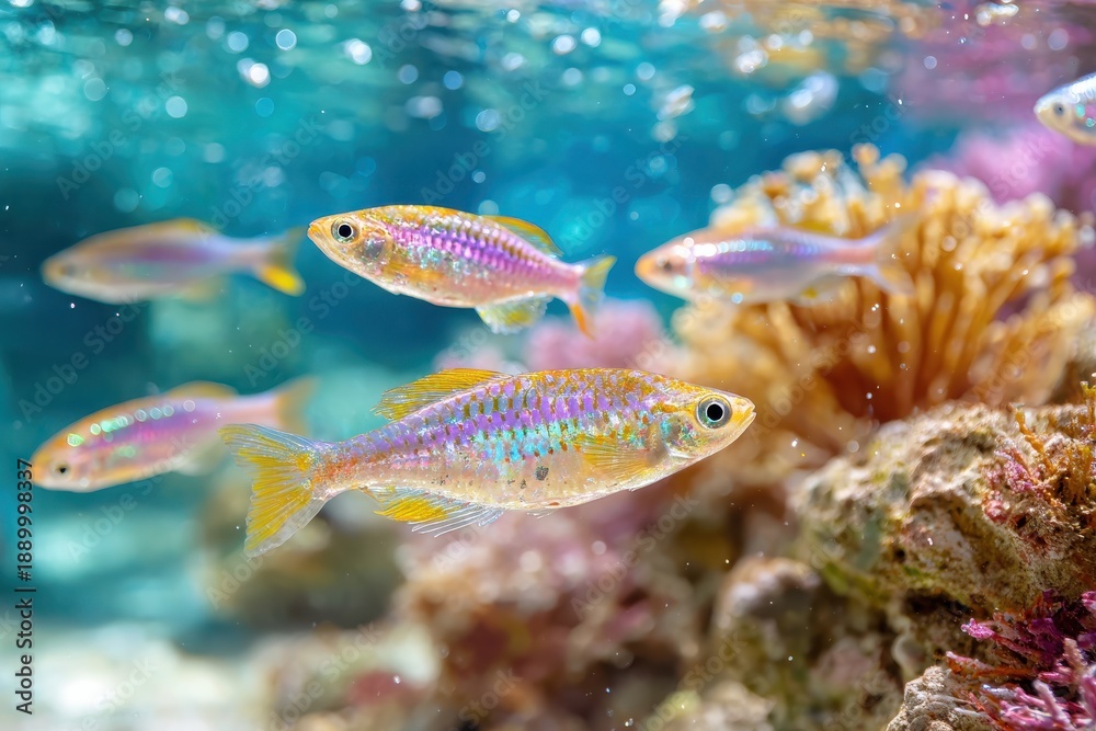 Fototapeta premium Vibrant Tropical Fish Swimming Among Colorful Coral in Crystal Clear Ocean Waters, Capturing the Beauty of Underwater Life and Marine Ecosystems