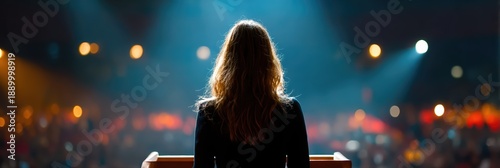 A woman stands at a podium, illuminated by stage lights, facing a blurred audience. The scene captures the essence of public speaking and inspirational leadership. © Nart